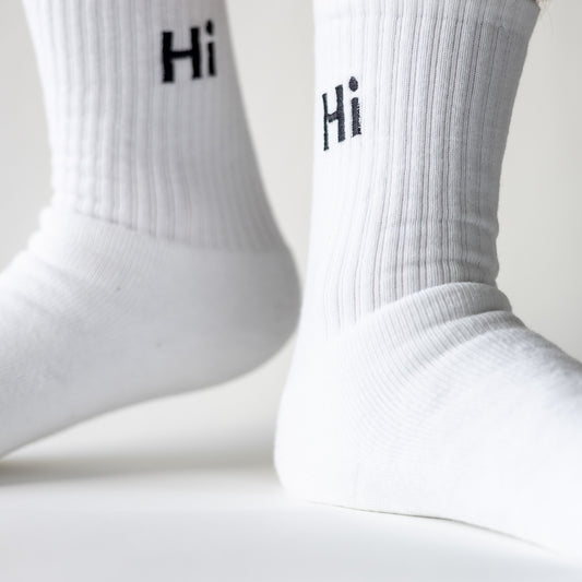 Hi High Socks, white with black Hi embroidery 